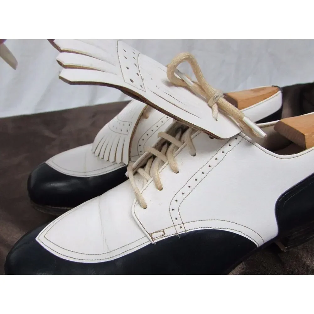 VINTAGE DUPONT CORFAM BLACK WHITE WINGTIP GOLF SHOES WITH CLEATS 6